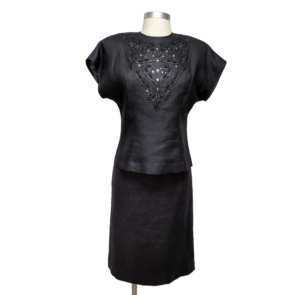 Hannah Vintage Black 100% Linen Beaded 2 Piece Skirt Set Size 4 Hong Kong